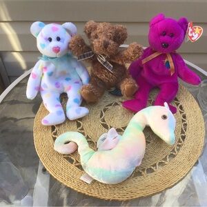 (4) Plushies, Three Beanie Babies (‘99/‘00) & Russ “Bears in Love”